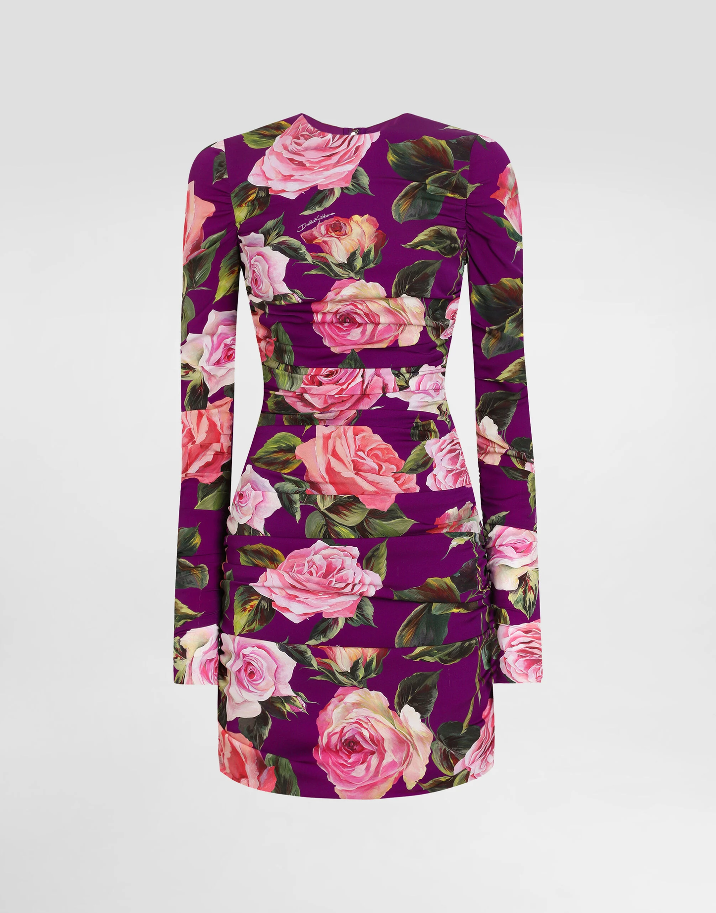 Charmeuse midi sheath dress with draping and rose print